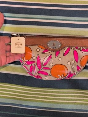 Vintage Fossil Pink & Orange Floral Coated Canvas Makeup Bag -NWT